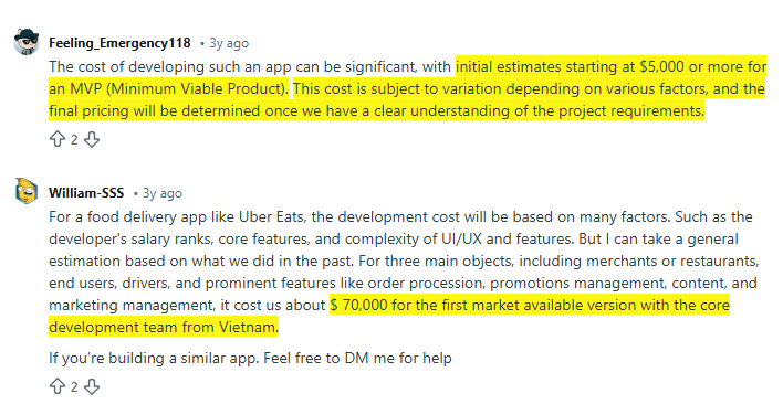 Here’s what experts on Reddit say about the cost of developing a food delivery app like Uber Eats: