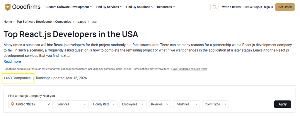 Screenshot showing the results of Top React.js Developers in the USA on Goodfirms website