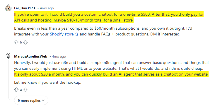 Expert suggestions on reddit about the cost to build an AI customer service chatbot