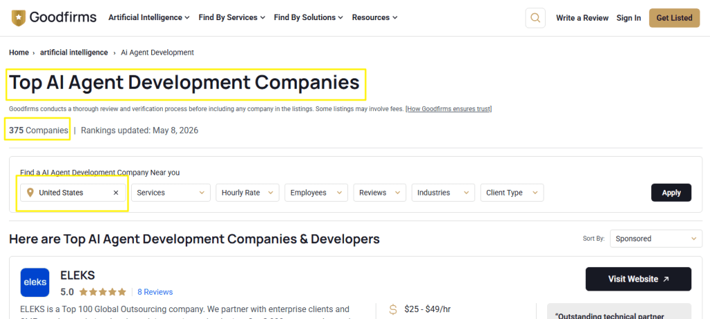 Goodfirms website showing 375 results for the search term "Top AI Agent Development Companies "