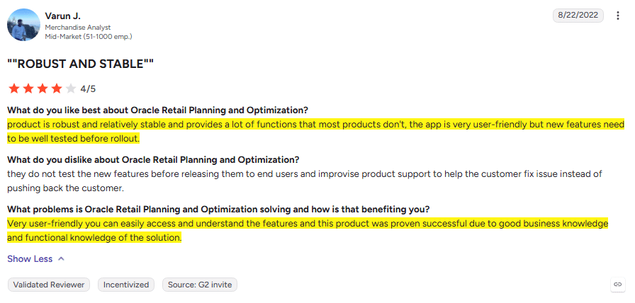 Review for Oracle Retail Artificial Intelligence and Analytics