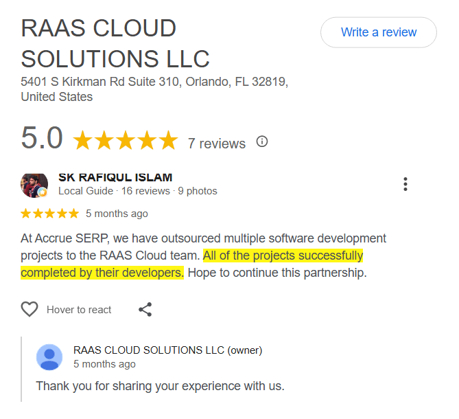 Google Review for RAAS Cloud