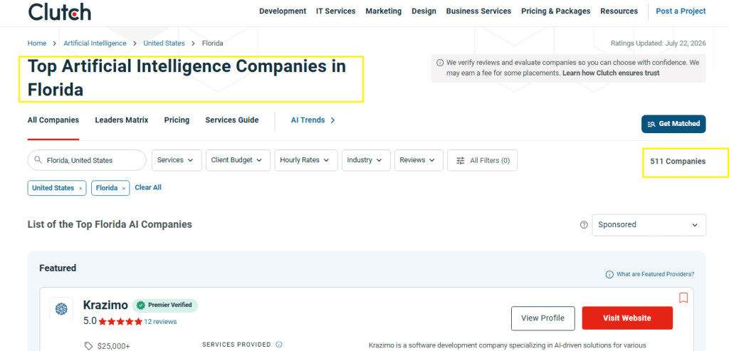 Search results for "Top Artificial Intelligence companies in Florida" on Clutch.