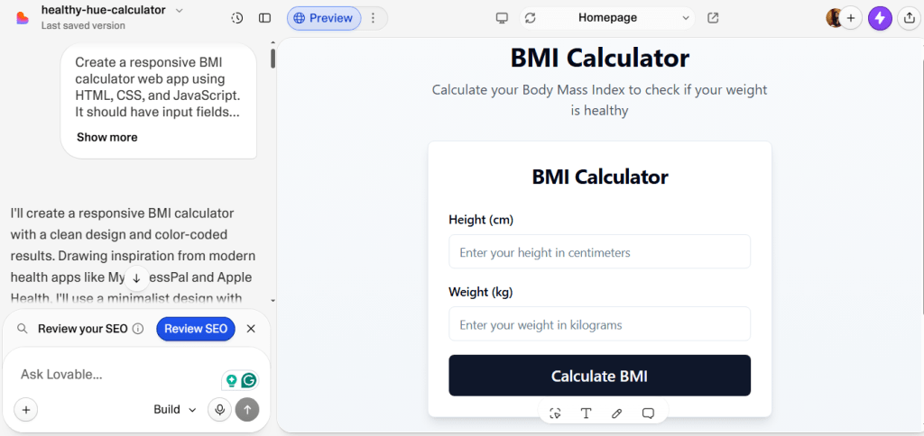 bmi calclulator interface built using Lovable