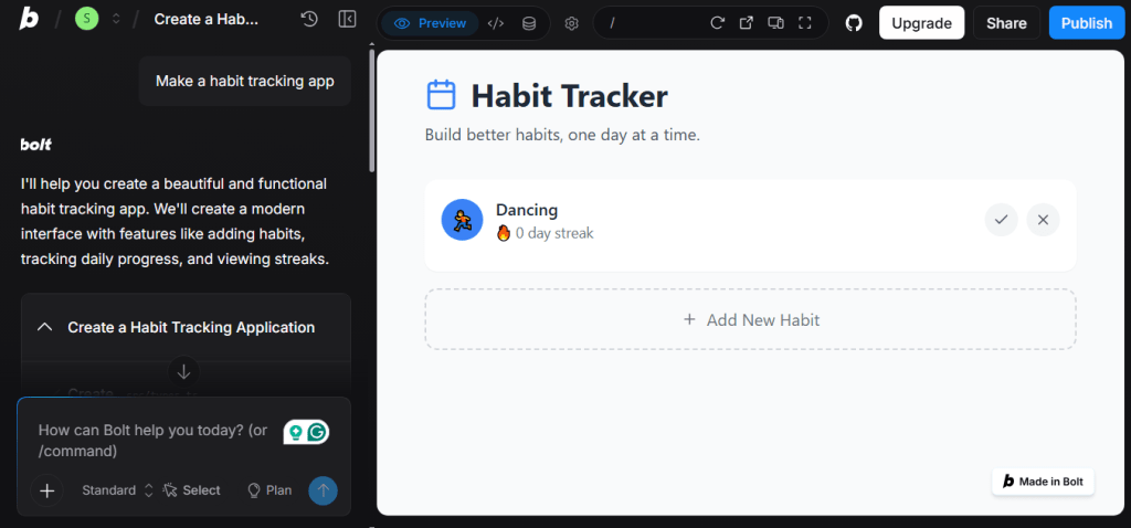 Habit tracker interface built using Bolt.new